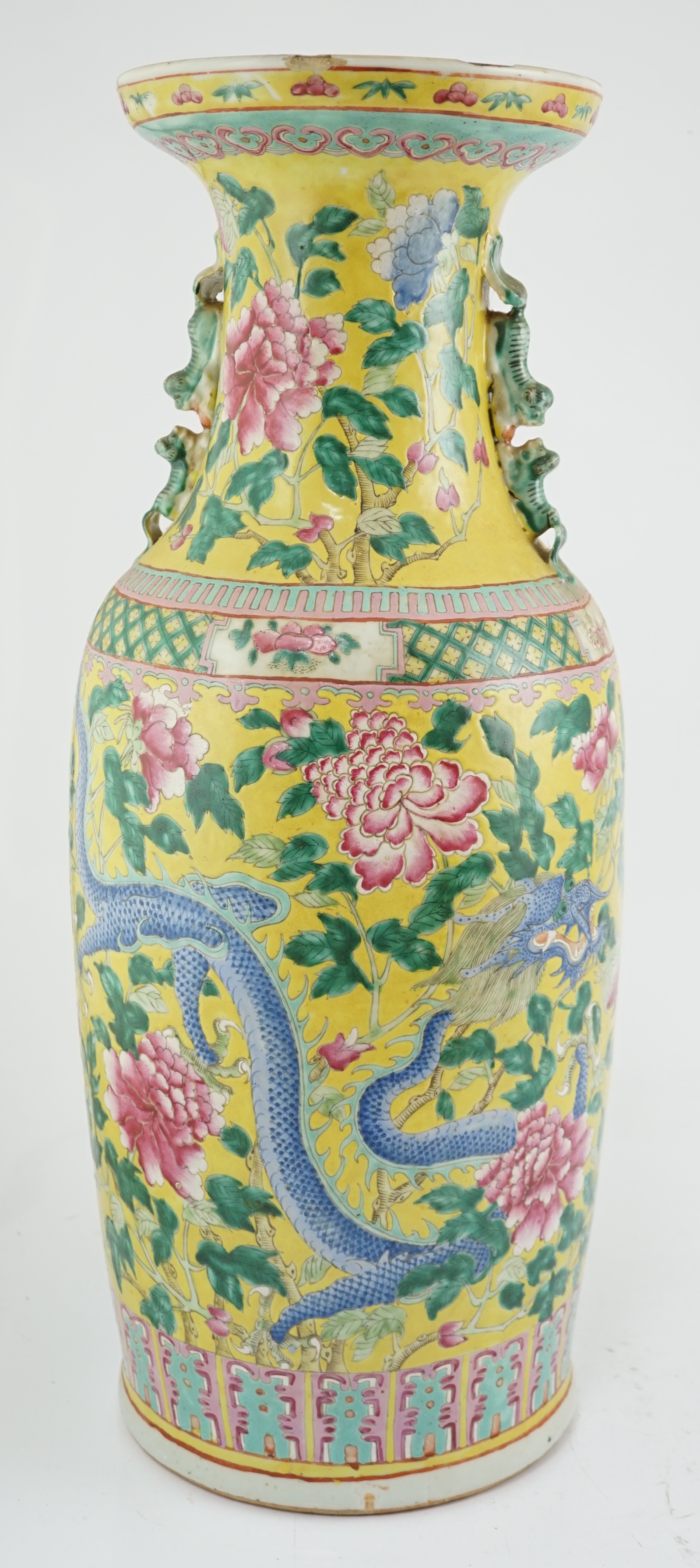 A tall Chinese Straits yellow ground ‘dragon’ vase, 19th century, rim chips